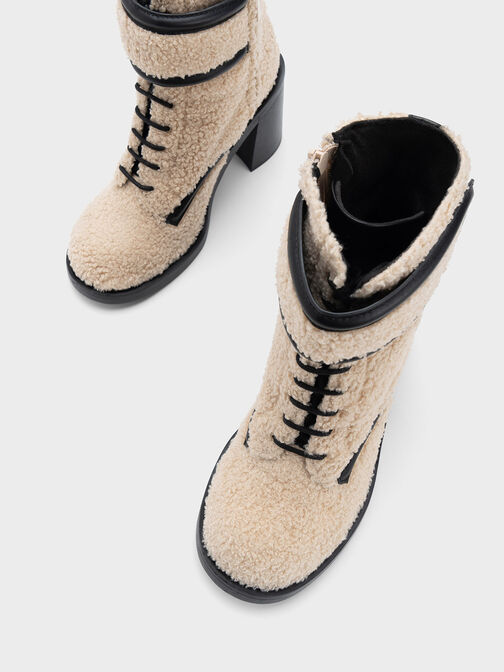 Rosalie Furry Leather Ankle Boots, Beige, hi-res