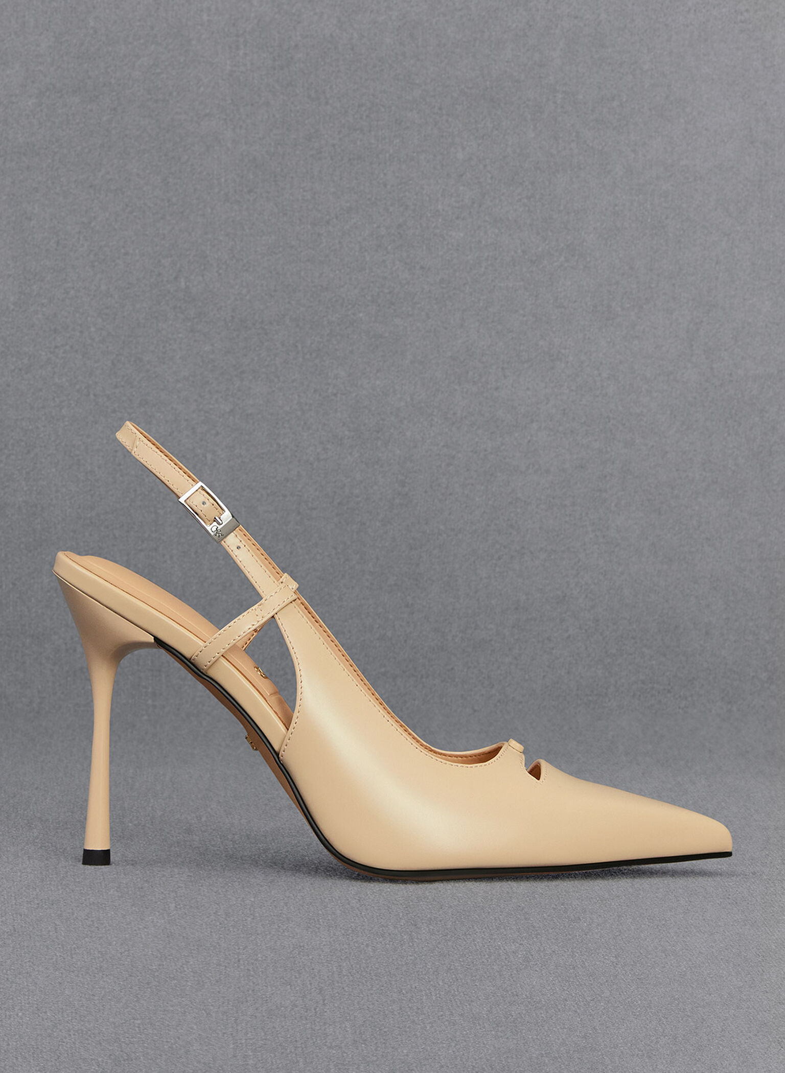 Leather Pointed-Toe Slingback Pumps, Beige, hi-res