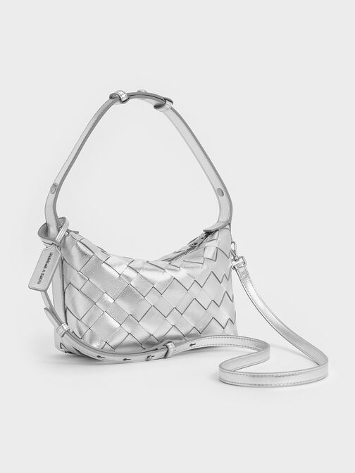 Ivette Metallic Woven Shoulder Bag, Silver, hi-res