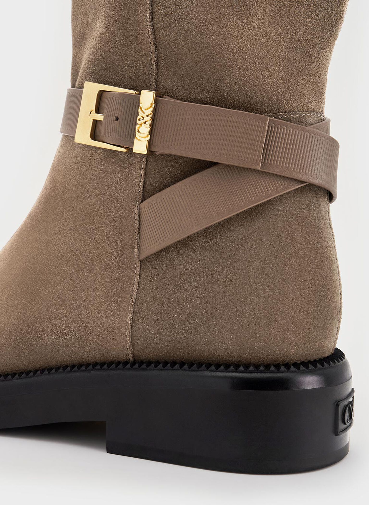 Leather & Suede Buckled-Strap Knee-High Boots, Taupe, hi-res