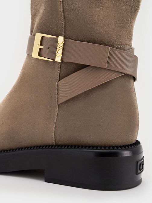 Leather & Suede Buckled-Strap Knee-High Boots, Taupe, hi-res