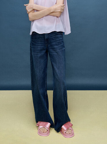 Satin Bow Flatform Sandals, Pink, hi-res