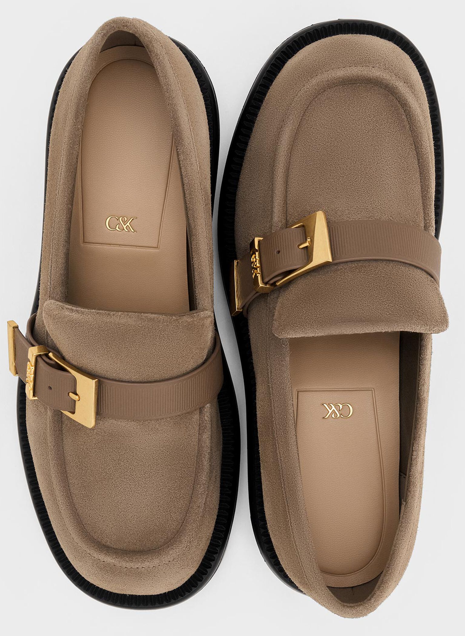 Leather & Suede Buckled-Strap Loafers, Taupe, hi-res