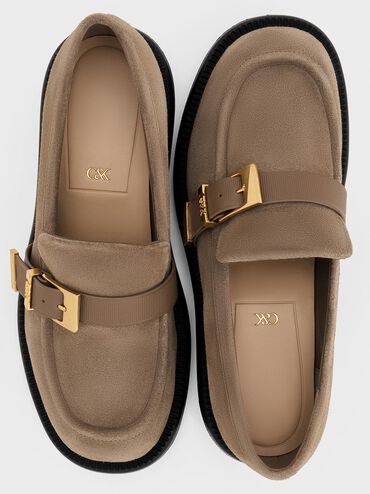 Leather & Suede Buckled-Strap Loafers, Taupe, hi-res