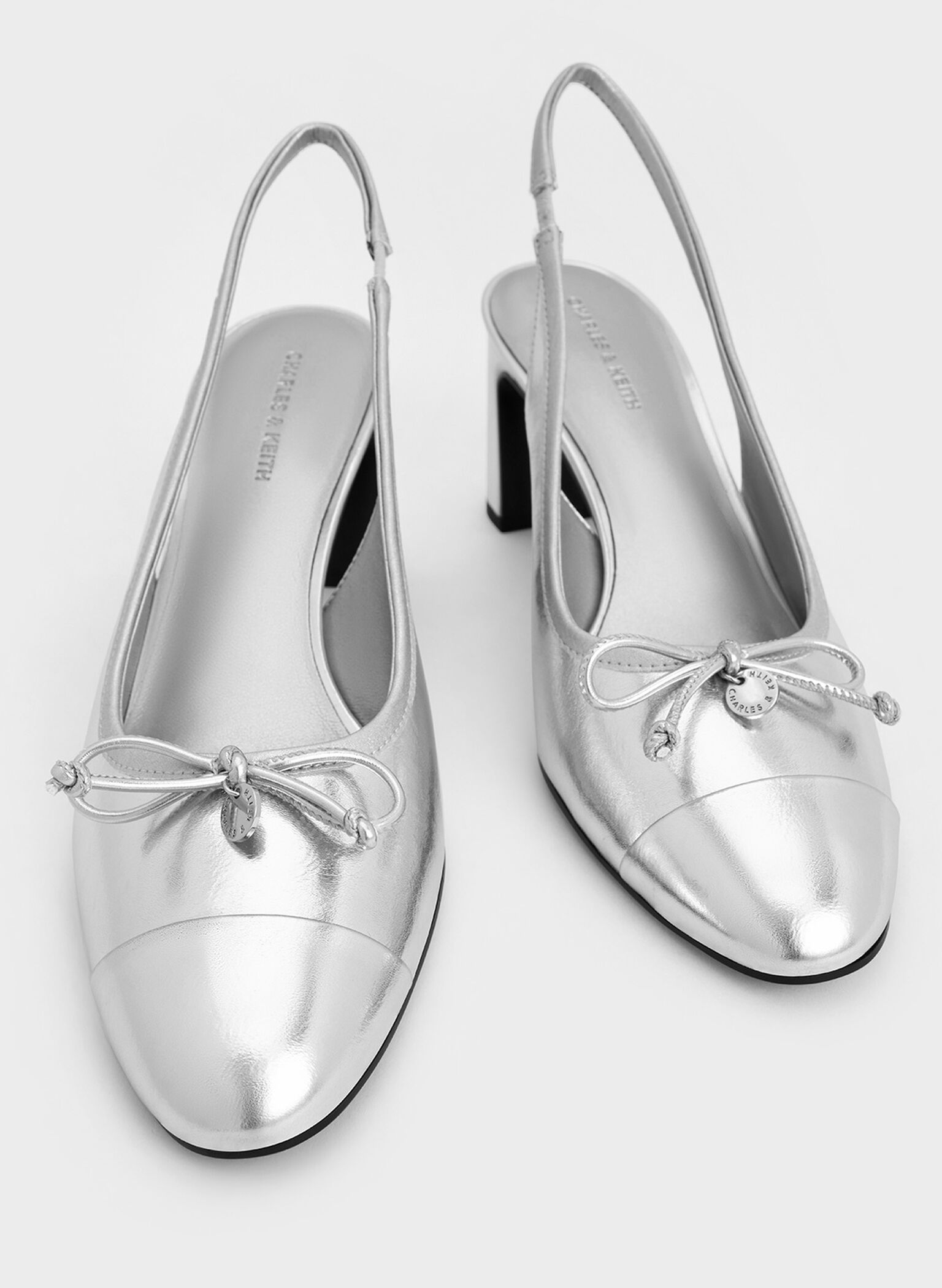 Metallic Bow Cap-Toe Slingback Pumps, Silver, hi-res