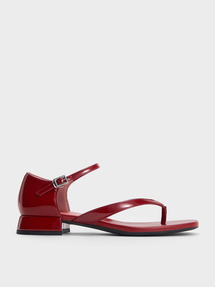 Patent Block-Heel Ankle-Strap Thong Sandals, Red, hi-res