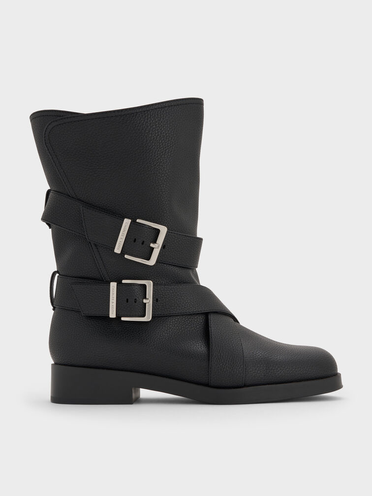 Brett Buckle-Strap Calf Boots, Black, hi-res