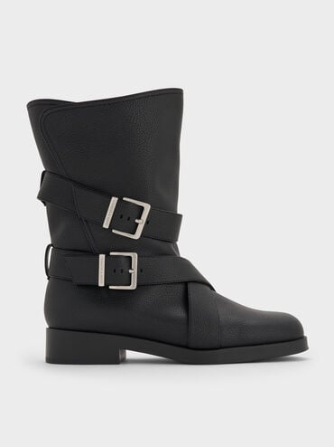 Brett Buckle-Strap Calf Boots, Black, hi-res