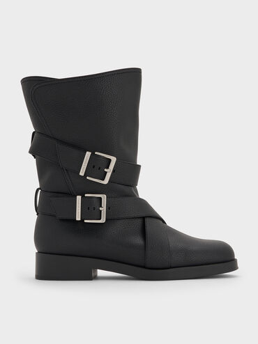 Brett Buckle-Strap Calf Boots, Black, hi-res