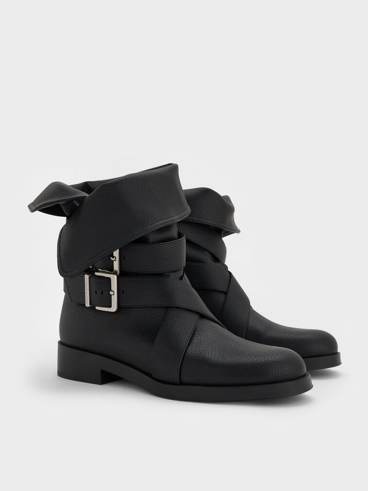Brett Buckle-Strap Calf Boots, Black, hi-res