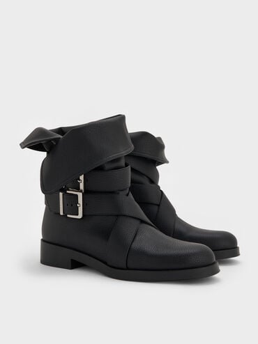 Brett Buckle-Strap Calf Boots, Black, hi-res