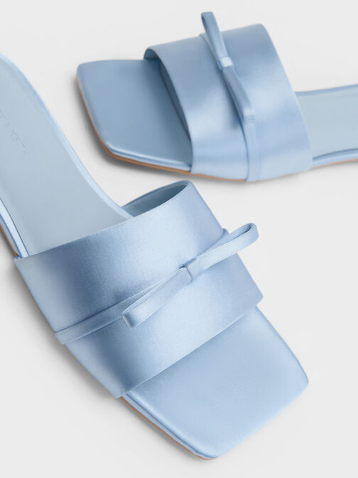 Satin Bow Slide Sandals, Light Blue, hi-res
