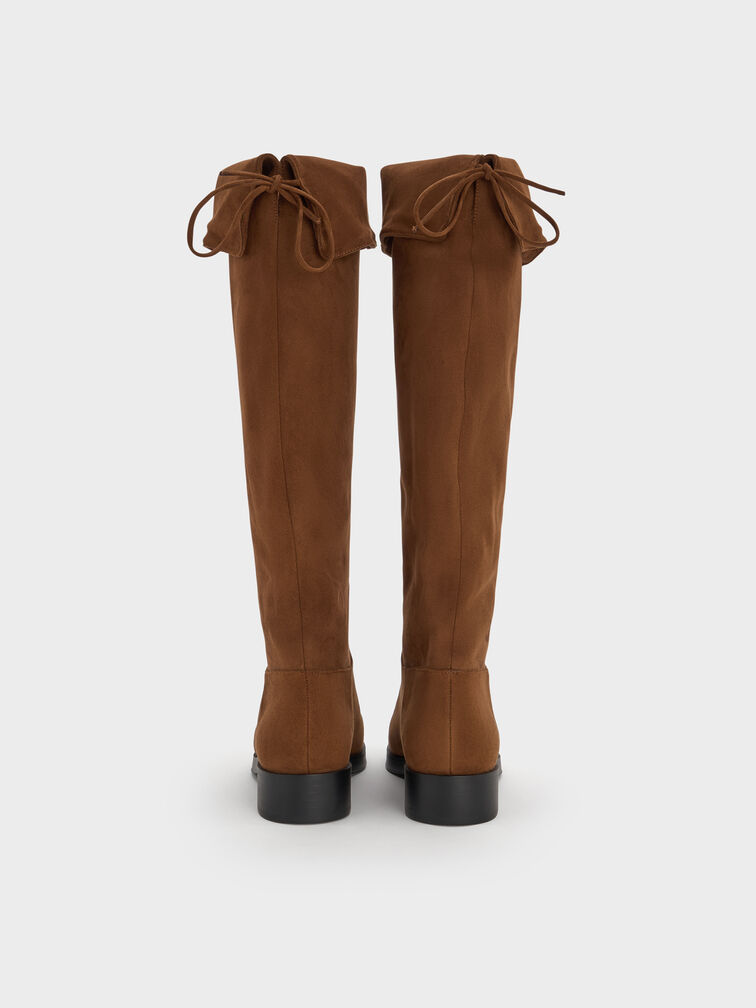 Faux Suede Fold-Over Back-Tie Thigh-High Boots, Brown, hi-res