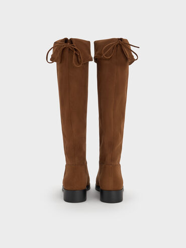 Faux Suede Fold-Over Back-Tie Thigh-High Boots, Brown, hi-res