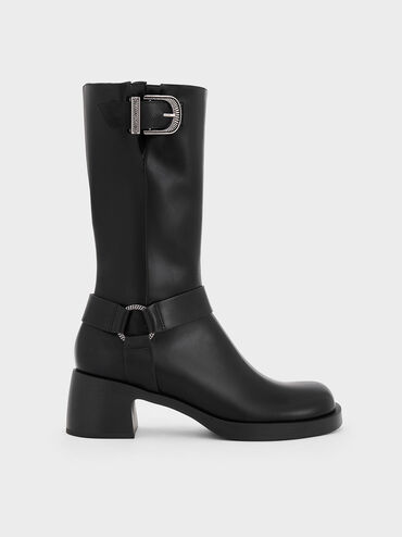 Kirke Buckled Mid-Calf Biker Boots, Black, hi-res