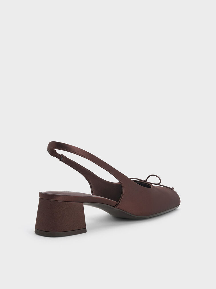 Satin Bow Square-Toe Slingback Pumps, Dark Brown, hi-res
