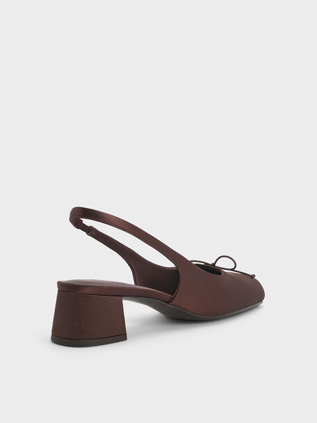 Satin Bow Square-Toe Slingback Pumps, Dark Brown, hi-res