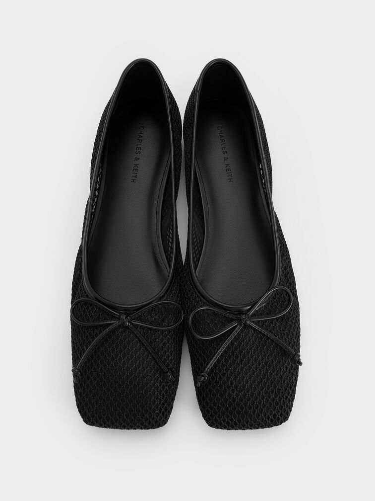Mesh Square-Toe Bow Ballet Flats, Black Textured, hi-res