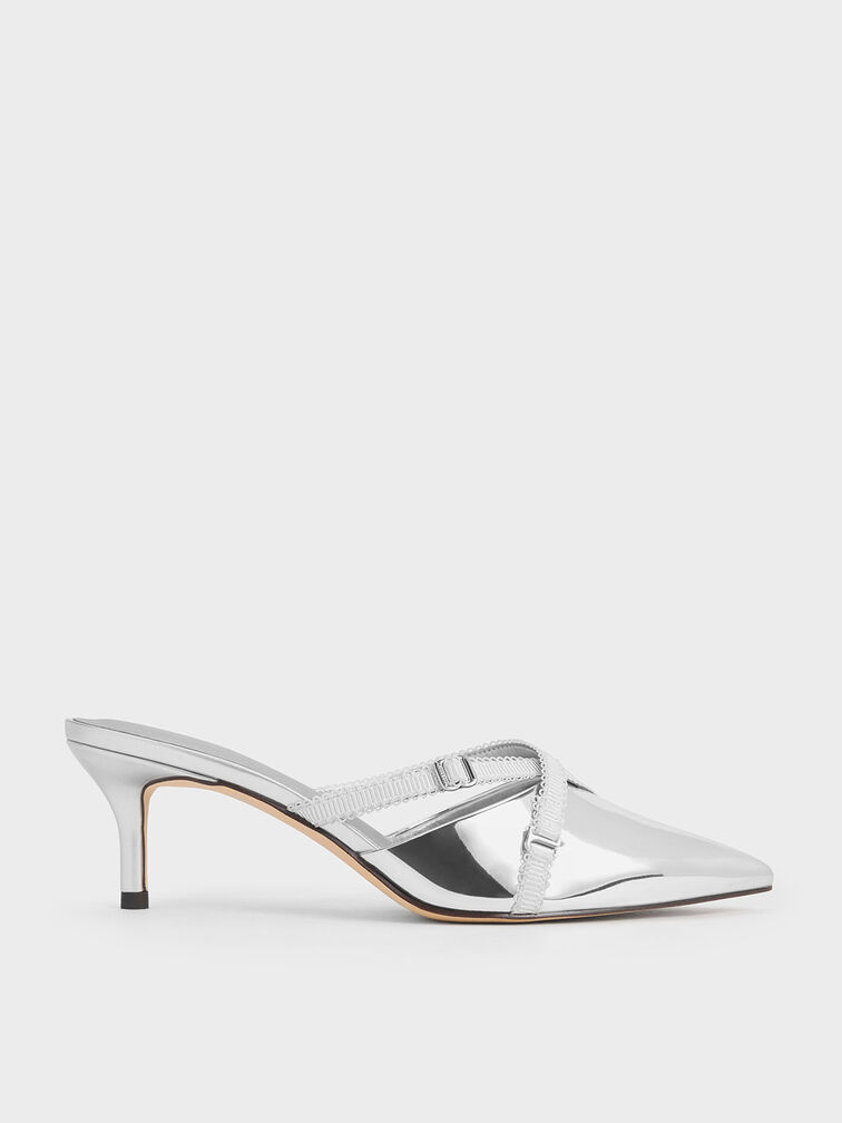 Metallic Grosgrain-Strap Pointed-Toe Mules, Silver, hi-res