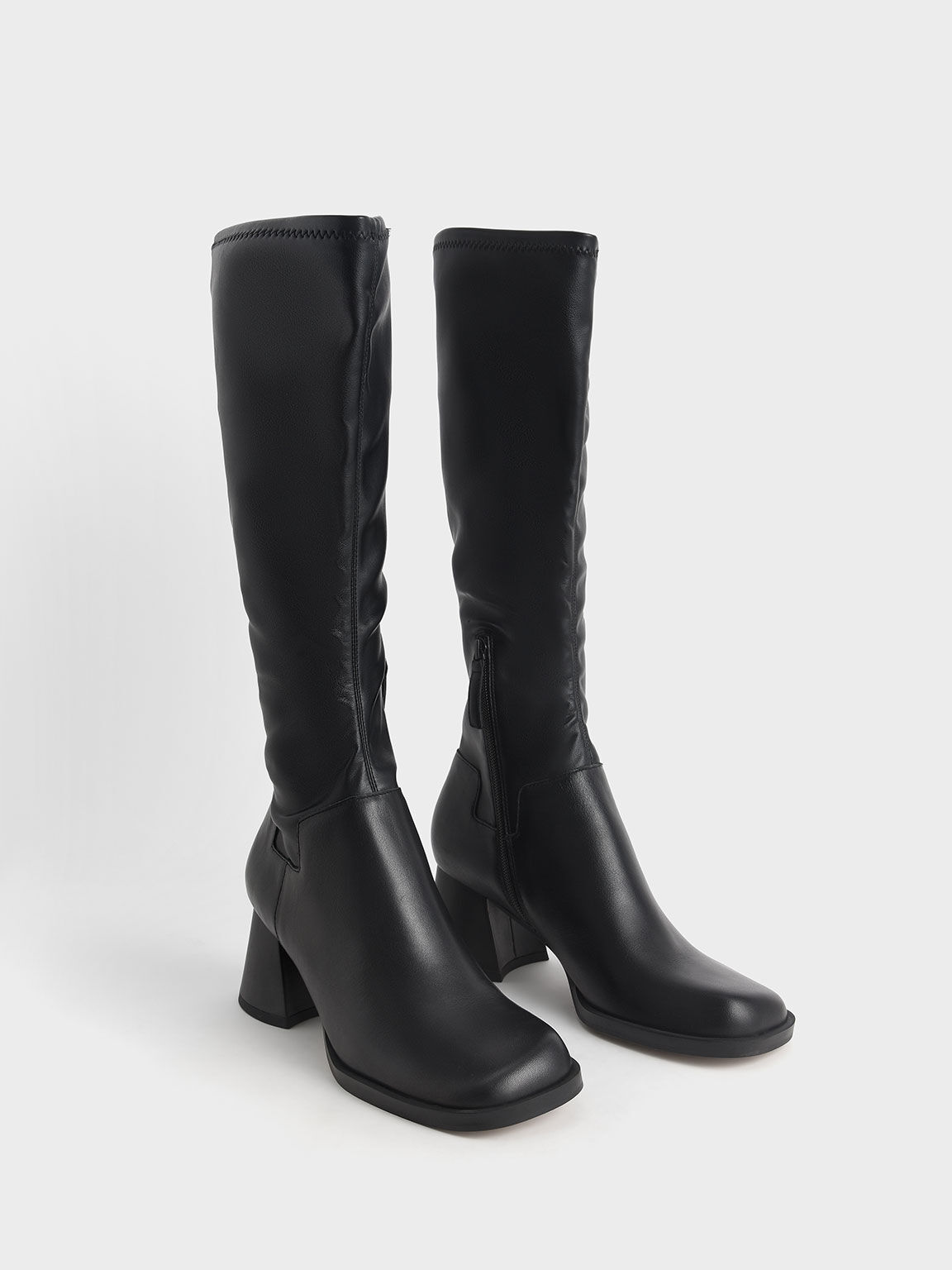 Leather Knee-High Boots, Black, hi-res