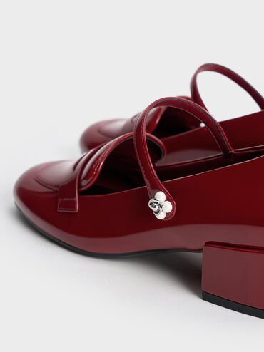 Patent Pearl-Embellished Flower-Buckle Mary Jane Loafers, Maroon, hi-res