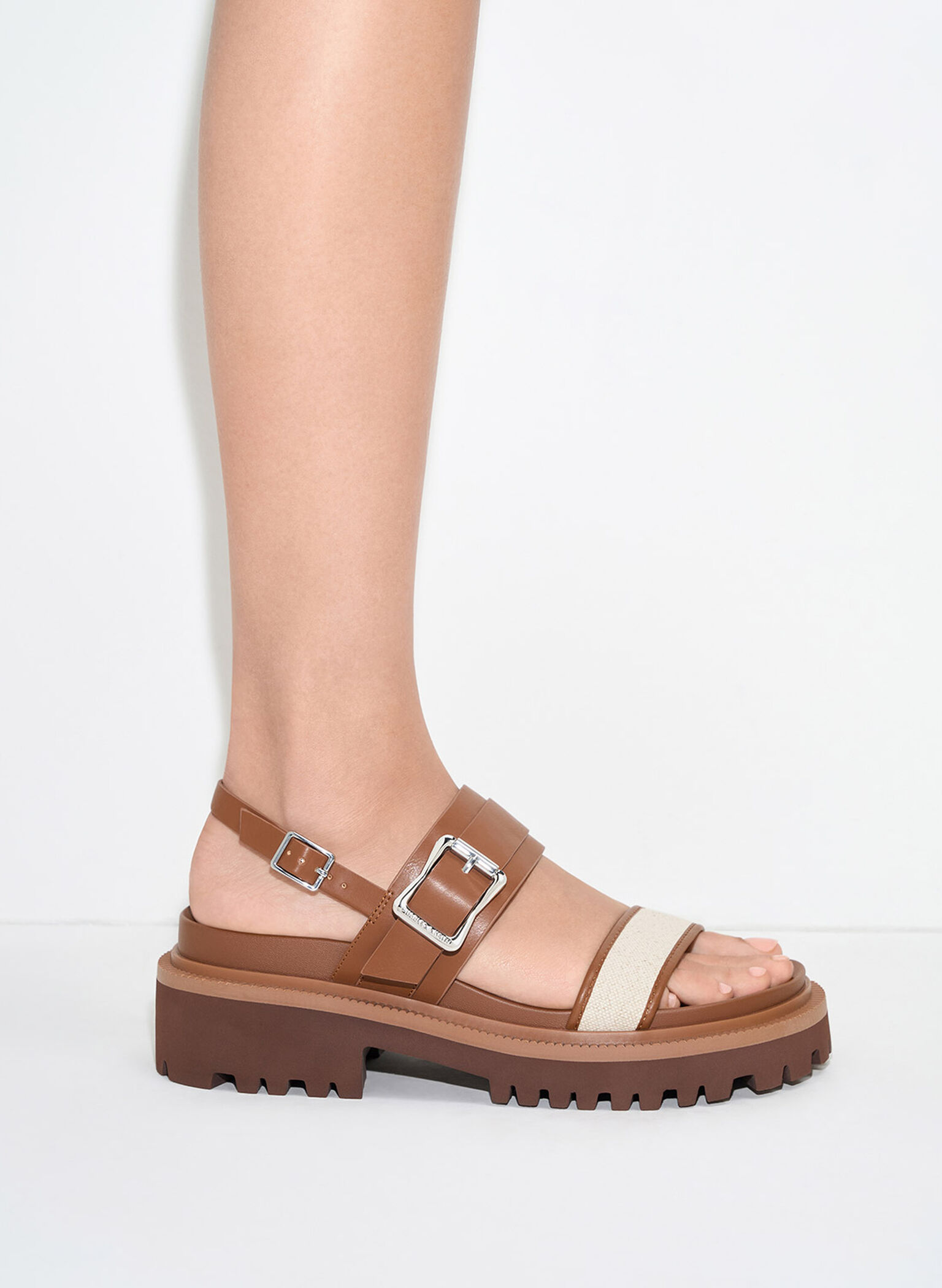 Buckled Platform Slingback Sandals, Caramel, hi-res