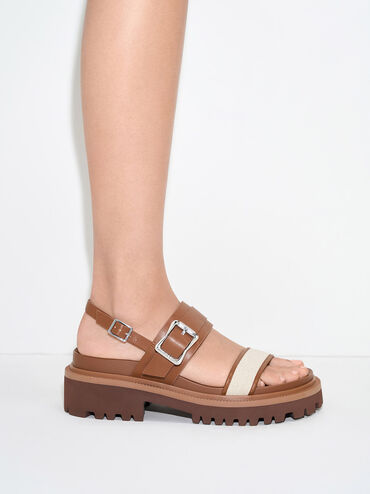 Buckled Platform Slingback Sandals, Caramel, hi-res
