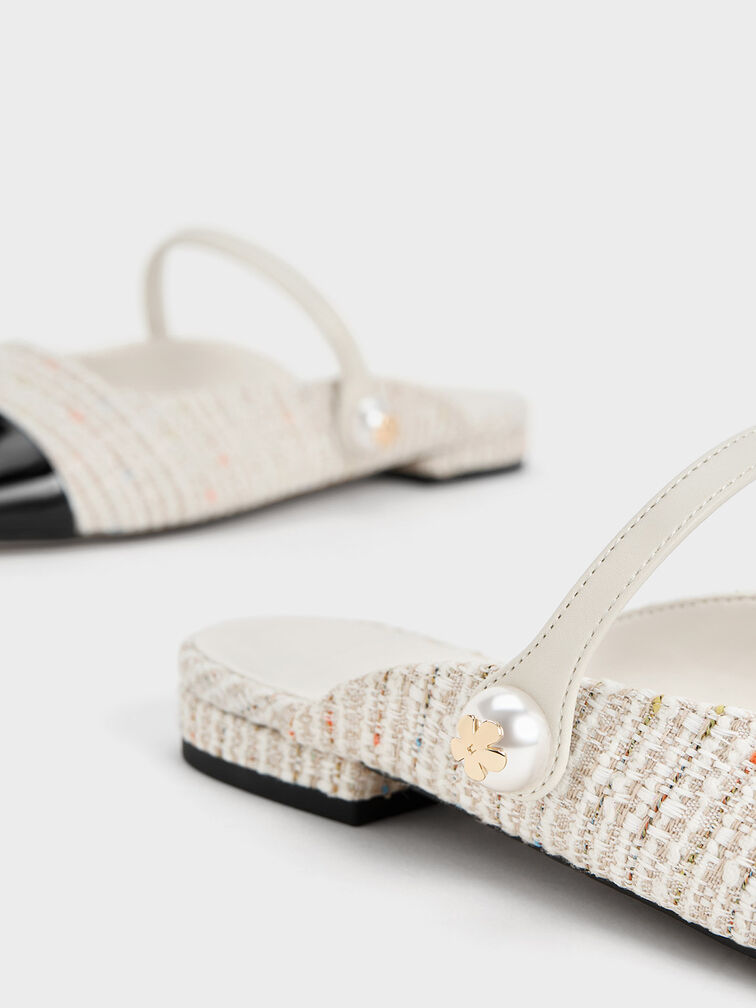 Aeryn Tweed Pearl Embellished Flat Mules, Cream, hi-res
