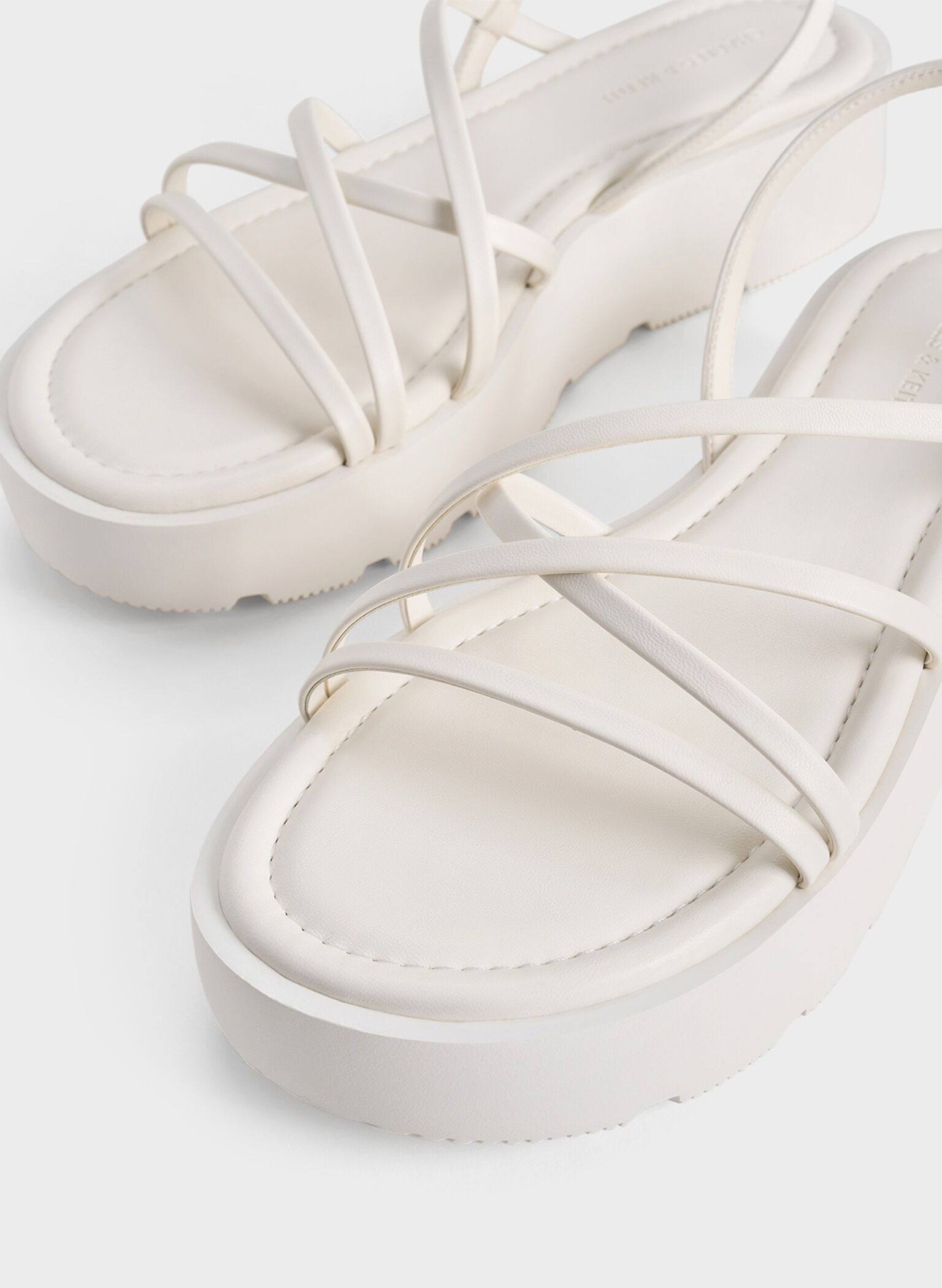 Strappy Ridged-Sole Flatform Sandals, White, hi-res