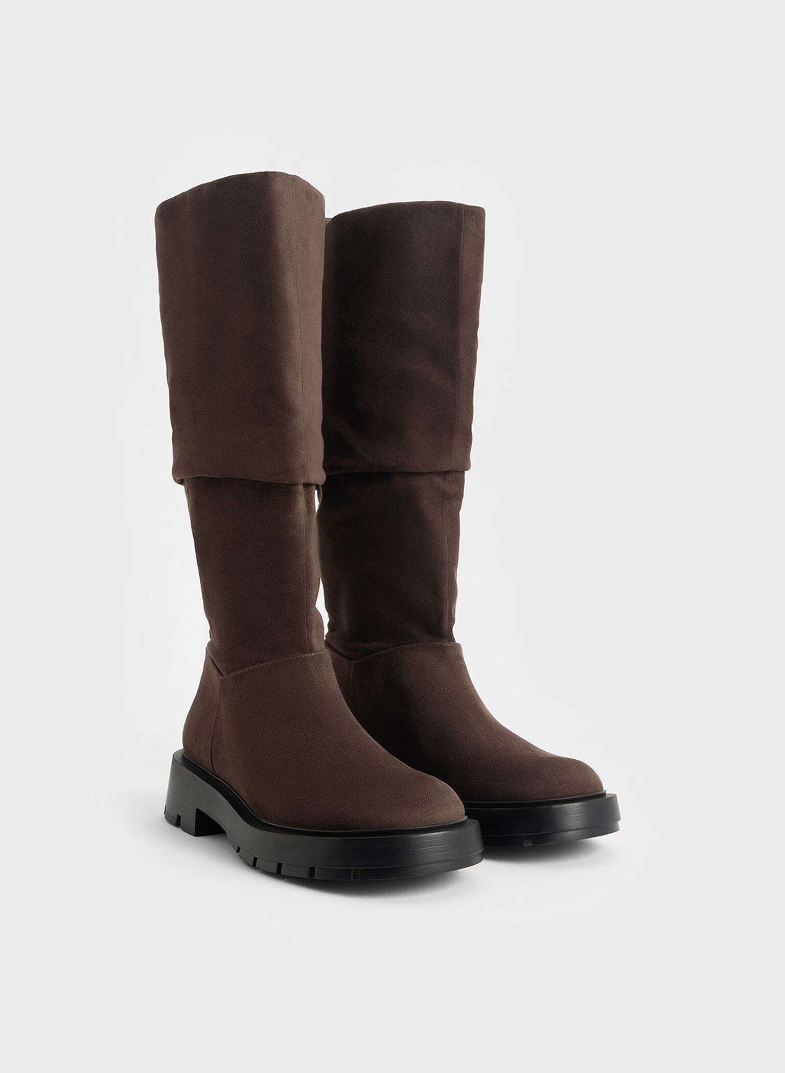 Faux Suede Ruched Knee-High Boots, Brown, hi-res