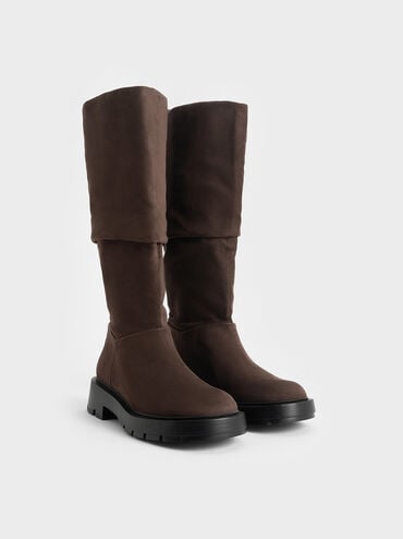 Faux Suede Ruched Knee-High Boots, Brown, hi-res