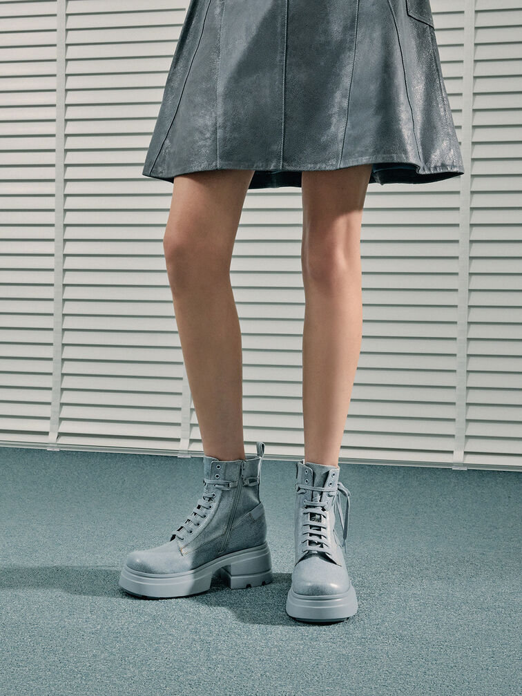 Denim Lace-Up Chunky Ankle Boots, Light Blue, hi-res