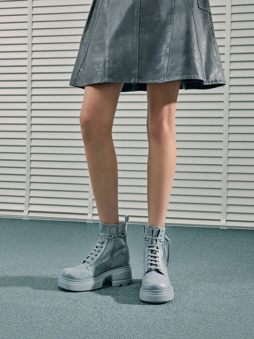 Denim Lace-Up Chunky Ankle Boots, Light Blue, hi-res
