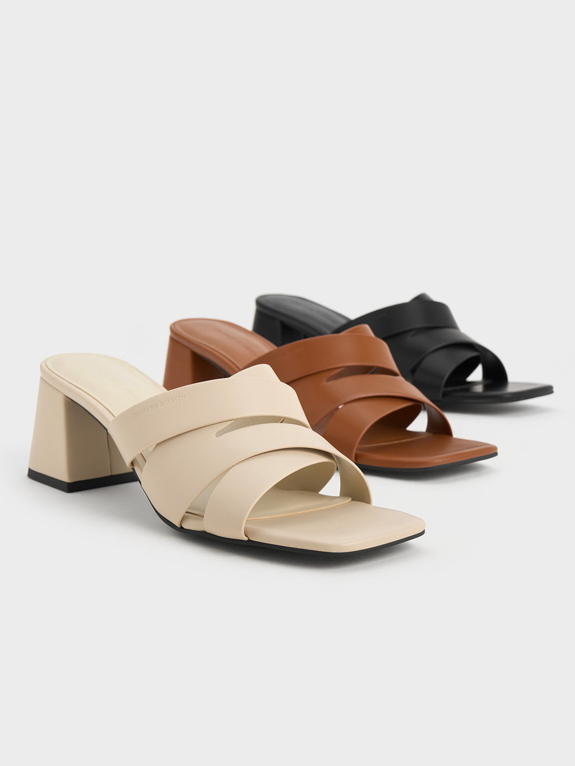Crossover Strap Square Toe Block Heel Mules Cognac