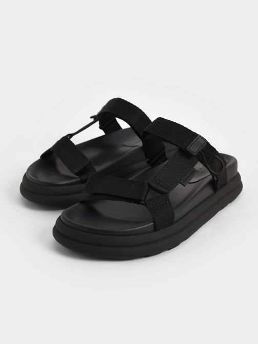 Polyester Velcro Strap Sports Sandals, Black, hi-res