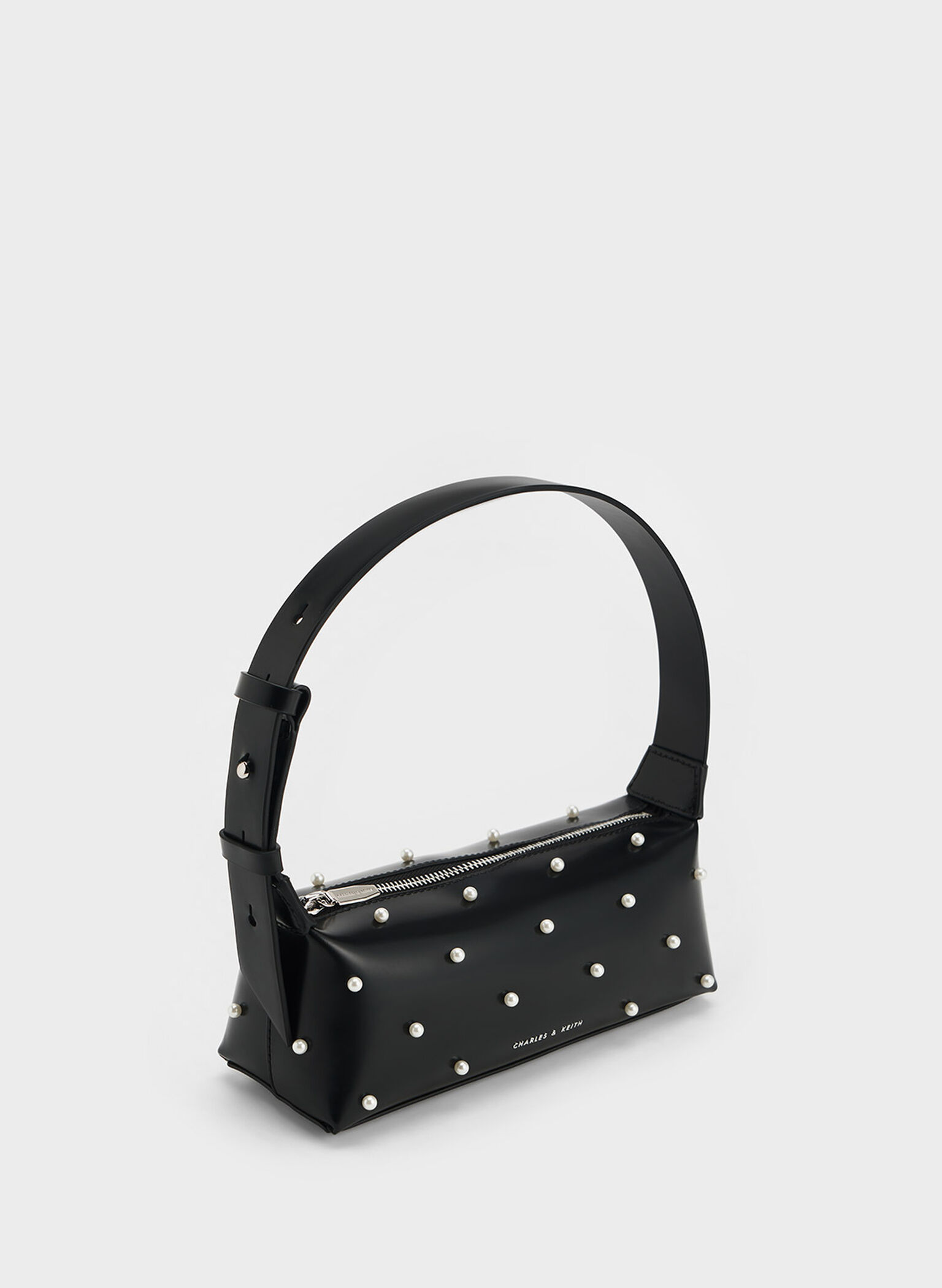 Pearl-Embellished Leather Top Handle Bag, Black, hi-res