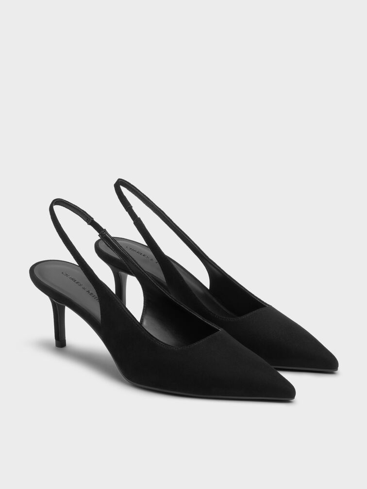 Kaia Faux Suede Pointed-Toe Slingback Pumps, Black Textured, hi-res