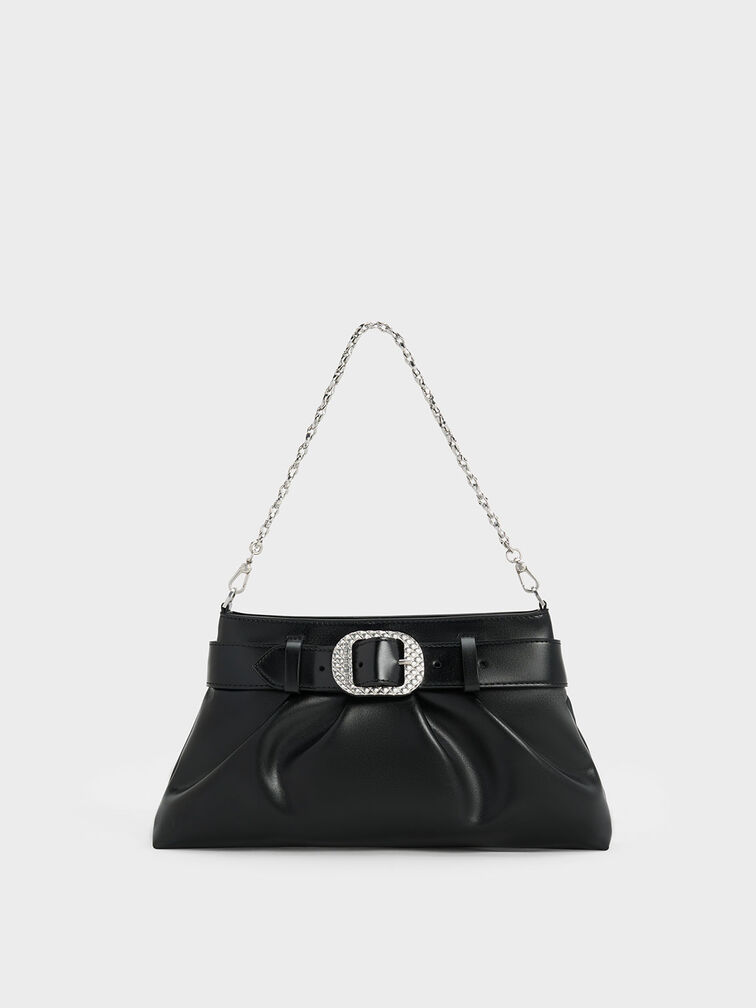 Avis Belted Ruched Shoulder Bag, Noir, hi-res
