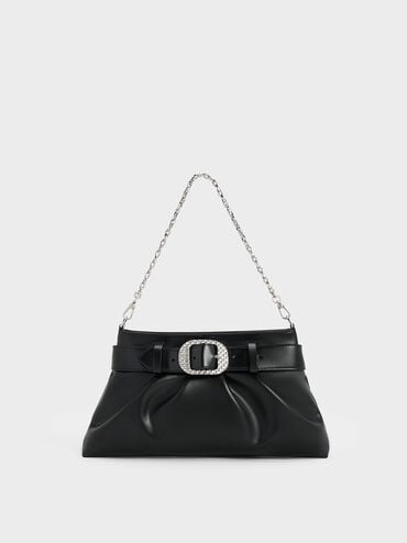 Avis Belted Ruched Shoulder Bag, Noir, hi-res
