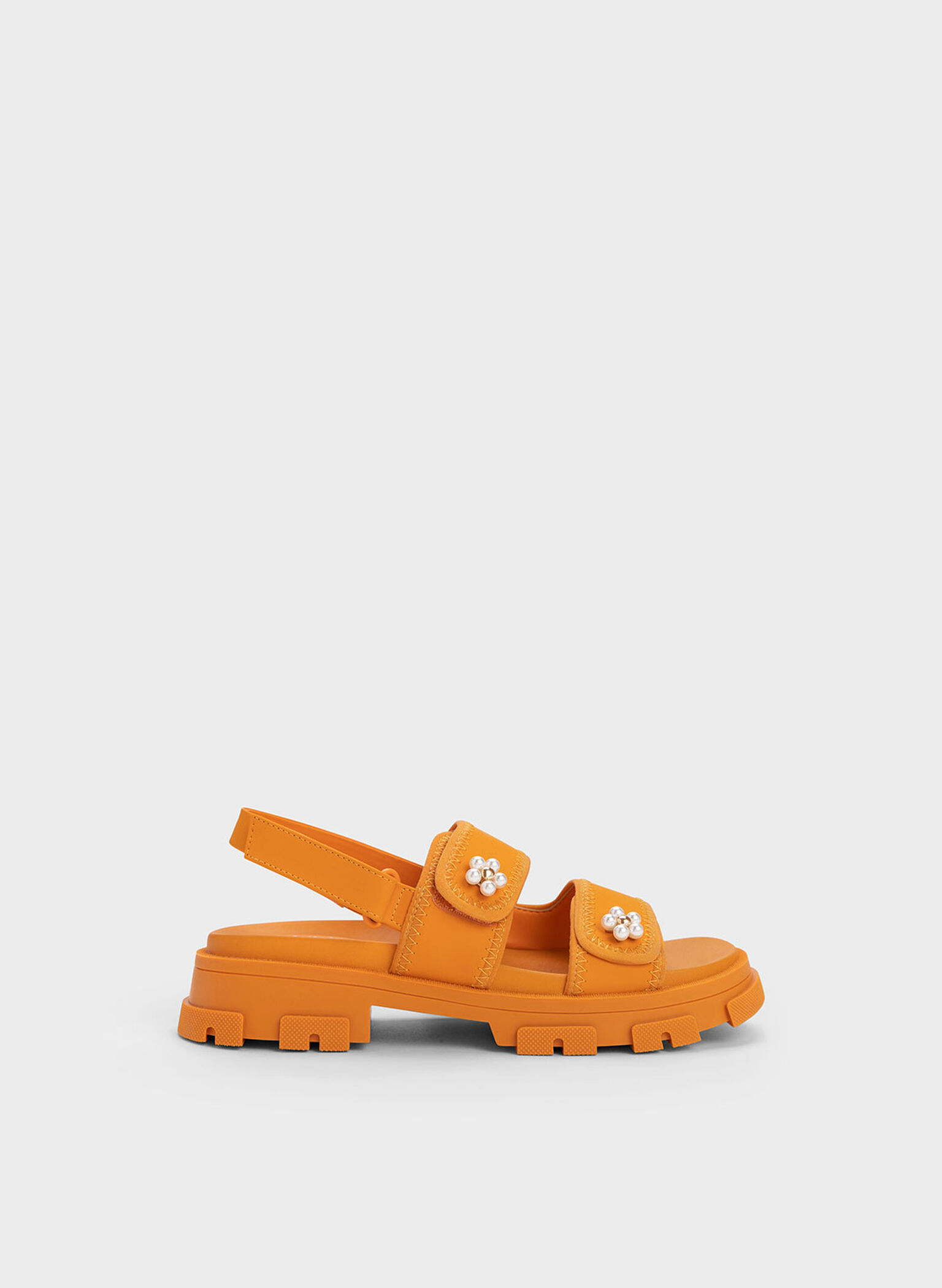 Girls' Beaded Flower Sports Sandals, Orange, hi-res