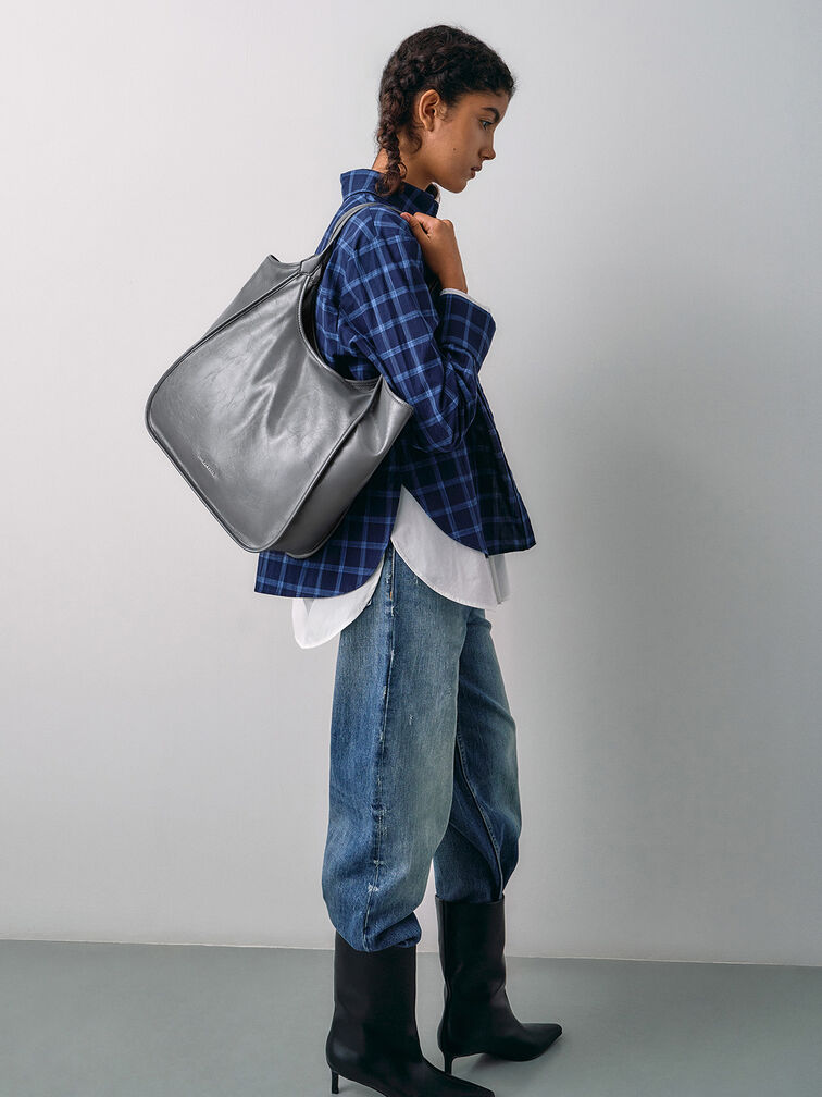 Sianna Crinkle-Effect Slouchy Tote Bag, Grey, hi-res