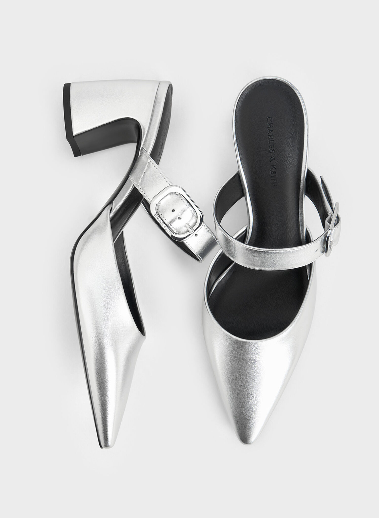 Metallic Pointed-Toe Mary Jane Heeled Mules, Silver, hi-res