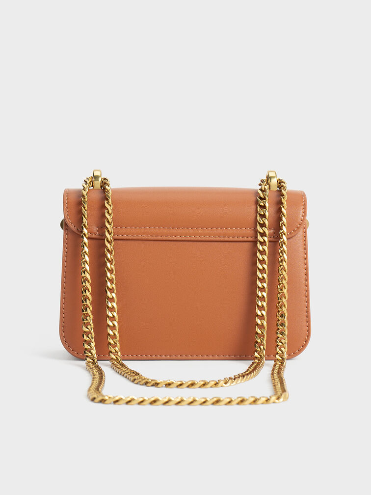 Alva Checkered Front Flap Bag, Cognac, hi-res