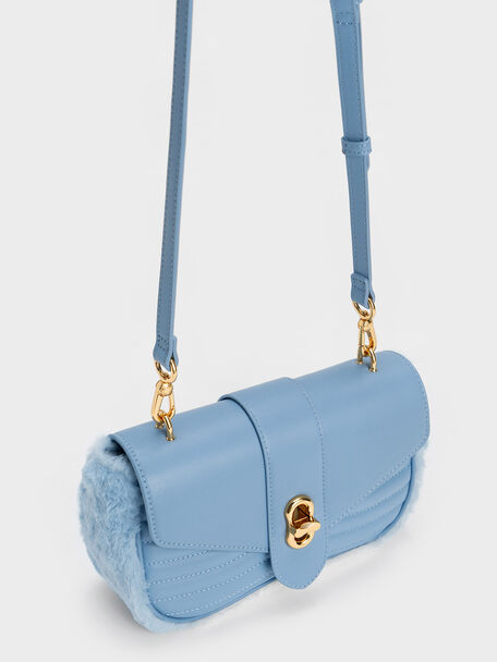 Aubrielle Fur-Trim Panelled Crossbody Bag, Light Blue, hi-res