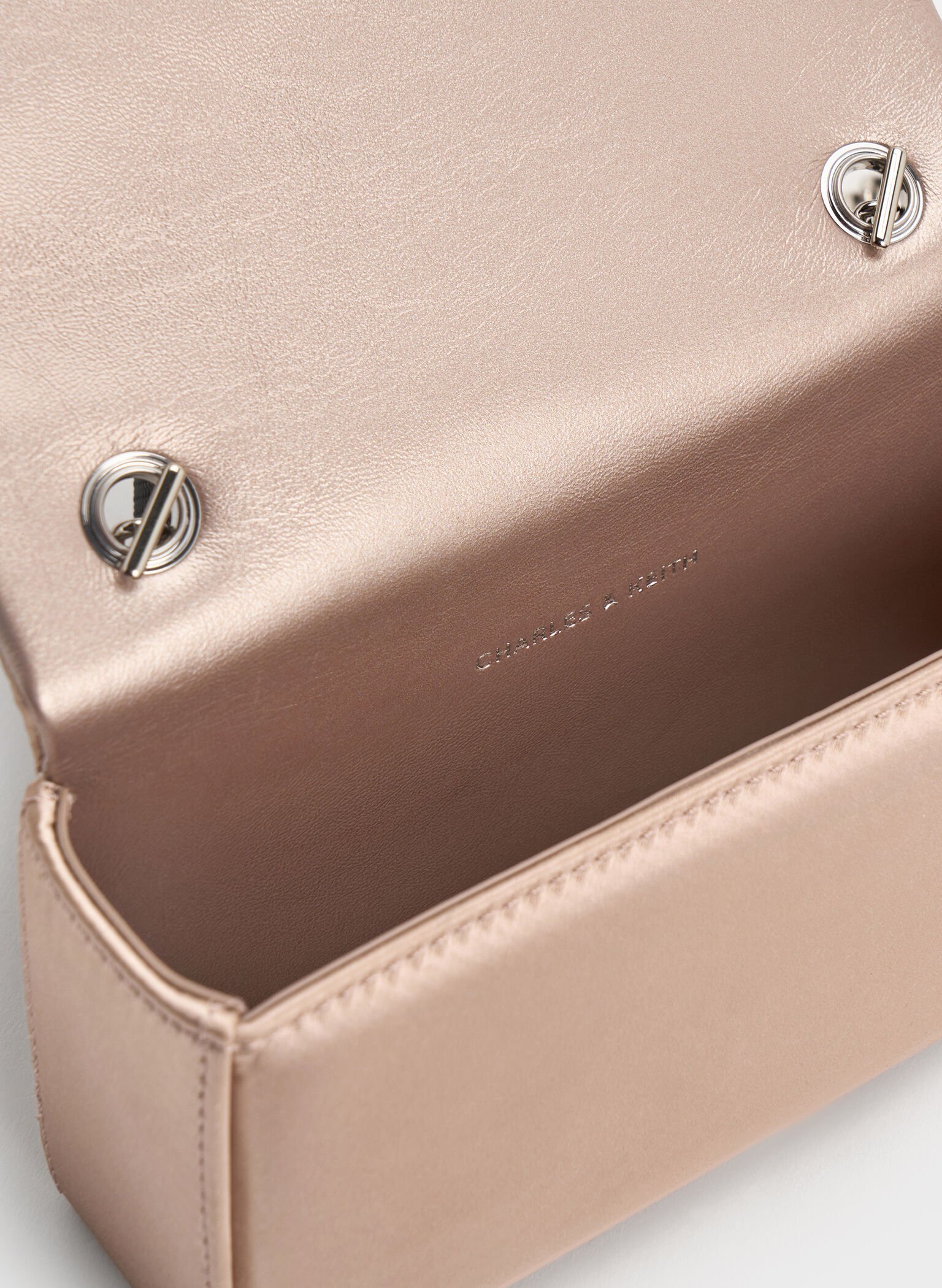 Satin Crystal-Buckle Belted Chain-Handle Bag, Sunset Nude, hi-res