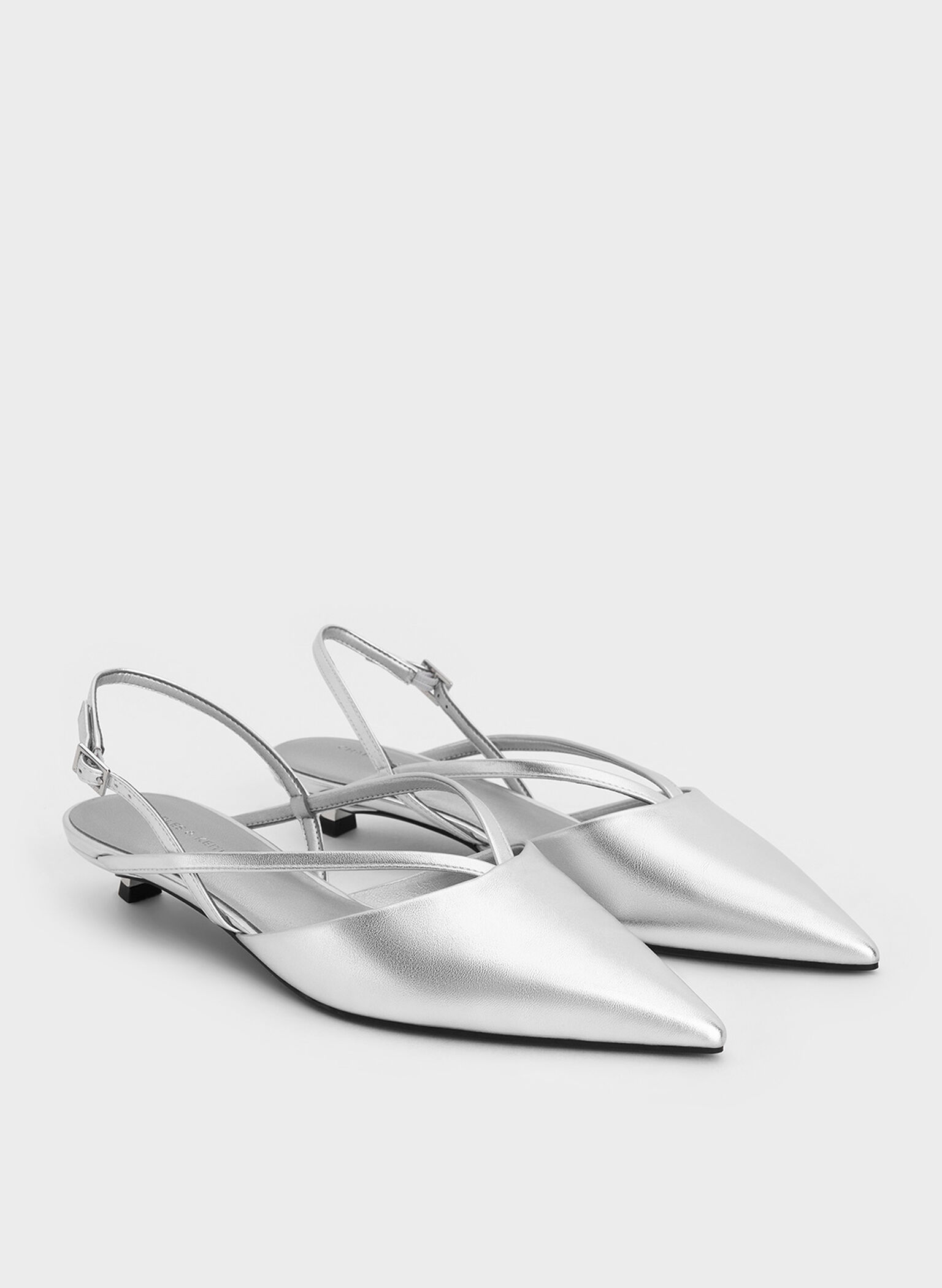 Metallic V-Strap Pointed-Toe Slingback Kitten Heels, Silver, hi-res