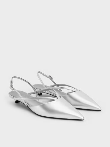 Metallic V-Strap Pointed-Toe Slingback Kitten Heels, Silver, hi-res