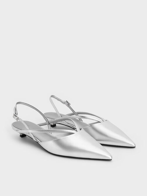 Metallic V-Strap Pointed-Toe Slingback Kitten Heels, Silver, hi-res