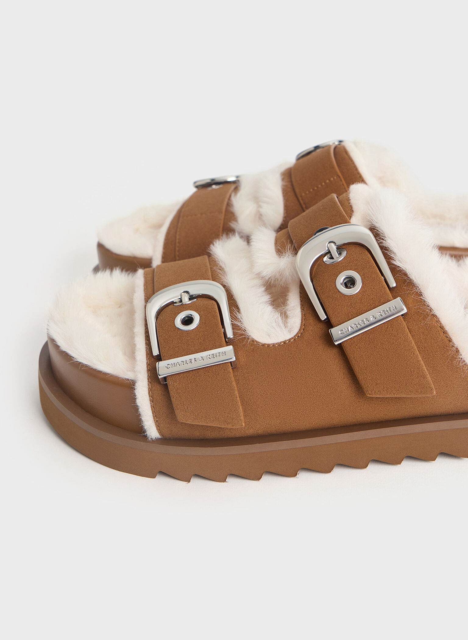 Hannah Furry Buckled Double-Strap Sandals, Brown, hi-res