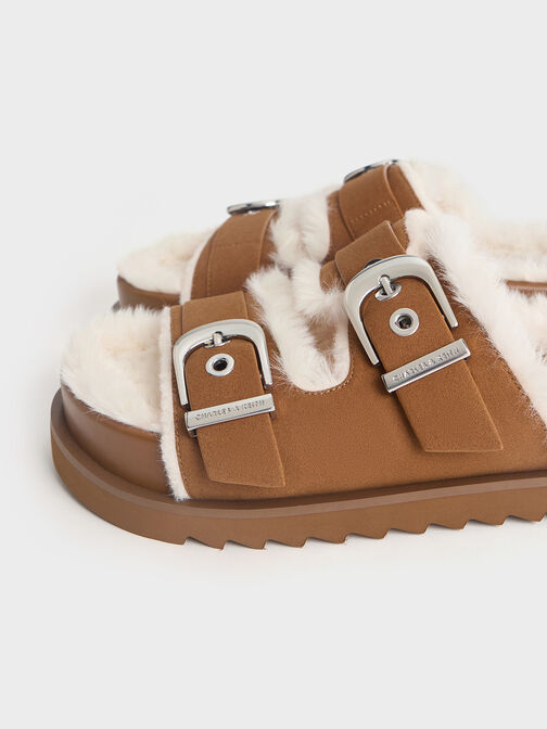 Hannah Furry Buckled Double-Strap Sandals, Brown, hi-res
